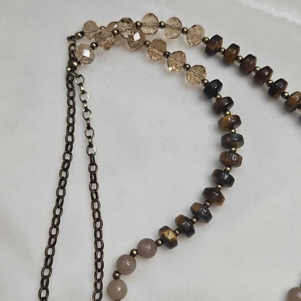 Women's Long Natural Gemstone Tiger's Eye Agate Chain Tassel Necklace NWOT